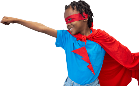 Transparent young boy superhero costume playing with joy