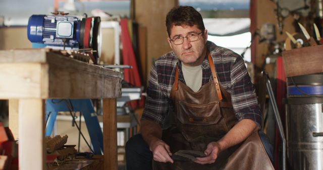 Middle-aged male artisan wearing plaid shirt and apron, carving wood with tools, displaying craftsmanship and attention to detail. Suitable for topics on woodworking, handmade crafts, skill development, and traditional arts. Can be used for depicting skilled trades, vocational training, or DIY projects.