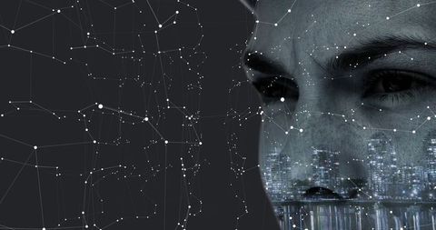 Woman profile merging with night city skyline and network overlay for futuristic tech brand