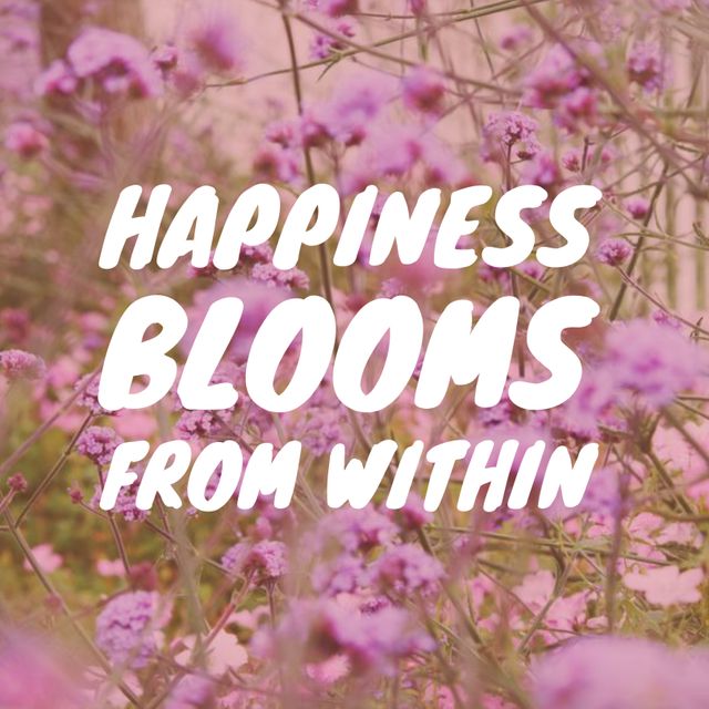 Ideal for wellness and mental health promotions, this image features a motivational quote about inner happiness, set against a peaceful background of blooming purple flowers. Perfect for social media posts, inspirational posters, self-care blogs, and positive messages to encourage mindfulness and self-love.