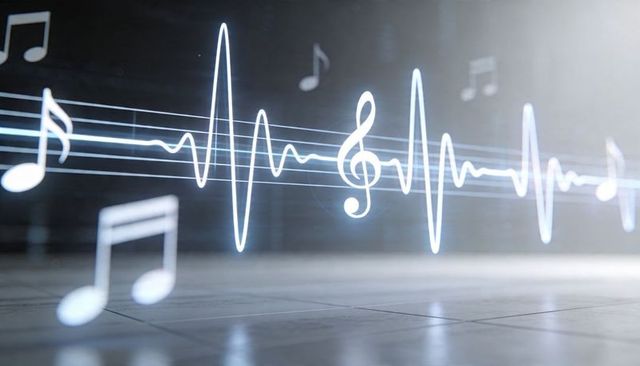 Glowing Music Waveform with Floating Notes and Treble Clef in Neon Blue