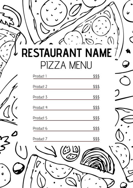 Hand-drawn pizza menu template with artistic, black and white illustrations of pizza slices and ingredients. Perfect for restaurants, cafes, and food events looking to present their menu options in a stylish and unique format. The template is fully customizable, making it easy to fit the specific needs of any venue or occasion. Ideal for printing or digital menu displays.