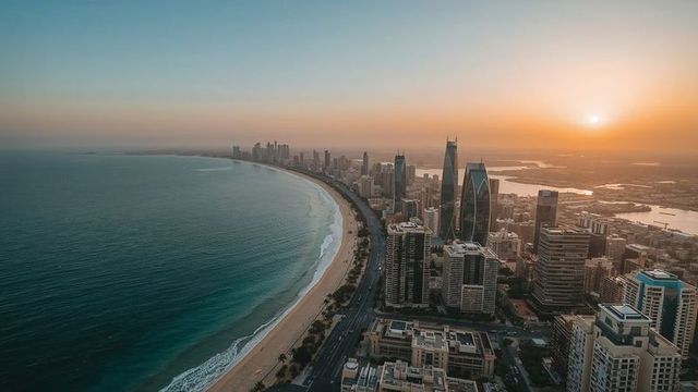 Sunset over stunning surfers paradise skyline with expansive coastline