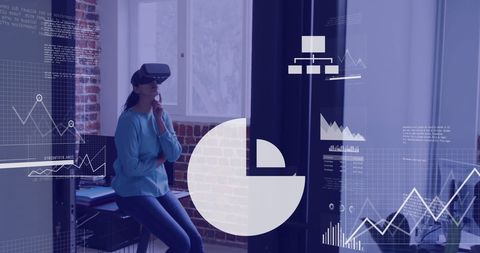 Businesswoman Utilizing VR Headset with Data Visuals Overlay