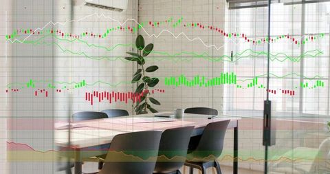 Modern office meeting room showing stock market overlay and analytics growth trends