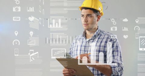 Builder Analyzing Data with Futuristic Digital Interface Glowing - Download Free Stock Images Pikwizard.com