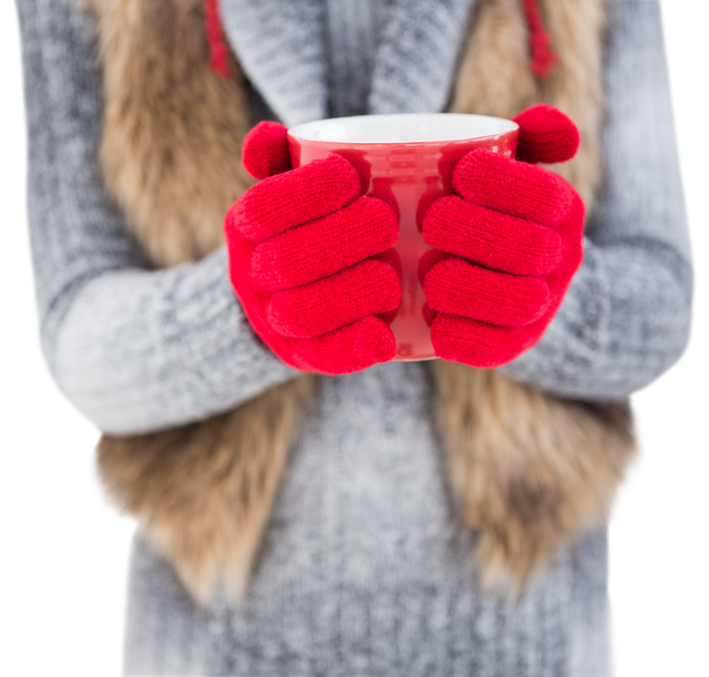 Woman in Gray Sweater and Red Mittens Holding Red Mug Clear Background - Download Free Stock Videos Pikwizard.com