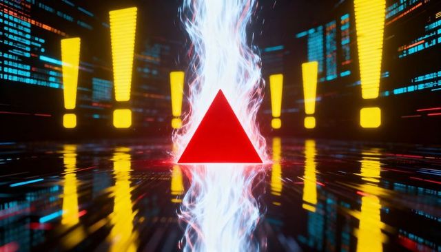 Cyberpunk red triangle piercing vertical energy beam with glowing exclamation holograms