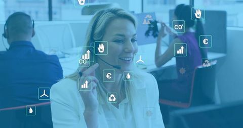 Businesswoman Engaged in Professional Call with Futuristic Eco Icons