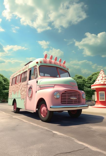 Pink and blue retro ice cream truck in street, created using generative ai technology. Ice cream truck, summer and vintage concept digitally generated image.
