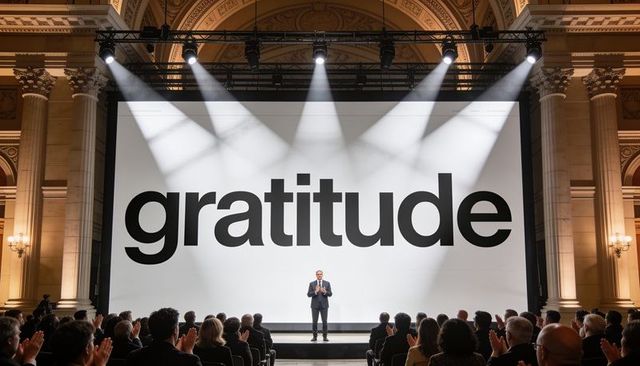 Leader delivering gratitude keynote on grand ornate stage in historic auditorium