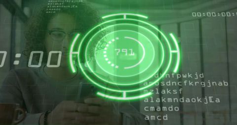 Futuristic Technology HUD with Woman Holding Smartphone in Office