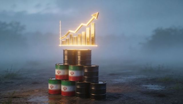 Golden holographic growth chart rising above stacked oil barrels with iranian flags at dawn