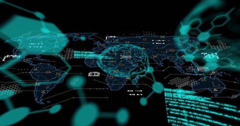 Global data network visualizing pulsing neural overlay on holographic world map
