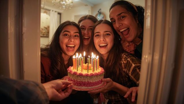 Friends celebrating birthday holding pink frosted cake with candles in cozy doorway
