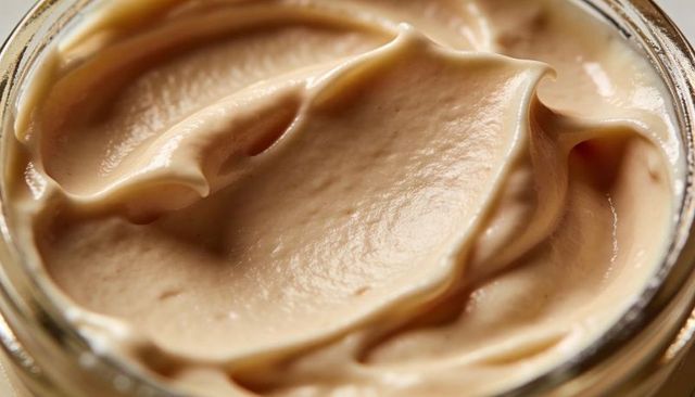 Creamy nut butter in glass jar showing smooth swirls, glossy tan, rich texture close-up