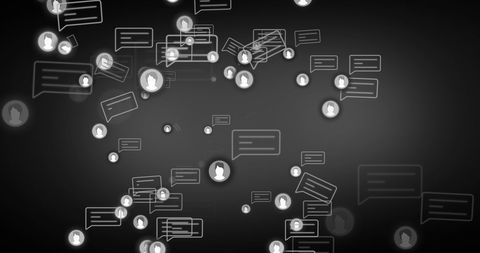 Digital social media interaction with speech bubbles on black background