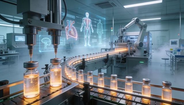 Automated sterile vial filling line with robotic arm and dual nozzles in cleanroom