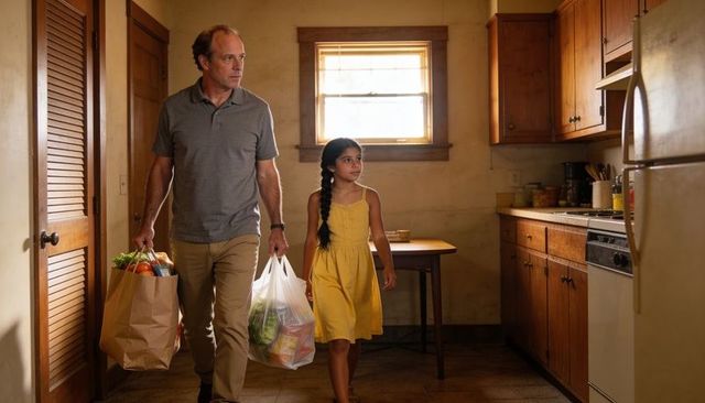 Father and daughter carrying groceries into cozy wooden kitchen bathed in golden sunlight