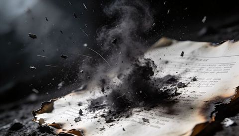 Burning printed page curling and disintegrating with dramatic smoke plume and charred ash
