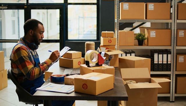 Black warehouse worker packing and filling paperwork while preparing e-commerce shipments