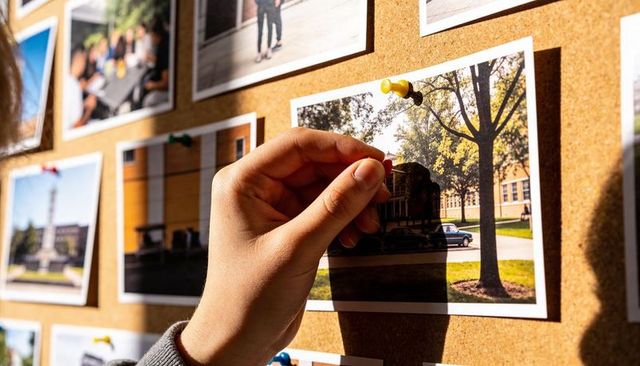 Studio hand pinning glossy print to cork board in sunlit creative workspace with pushpins