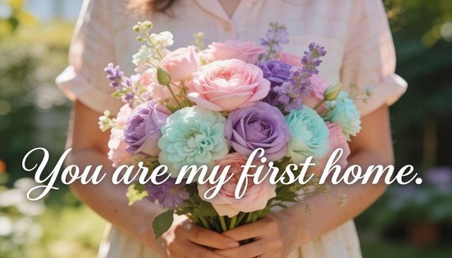 Sunlit pastel bouquet held by woman in garden, romantic floral arrangement with soft bokeh