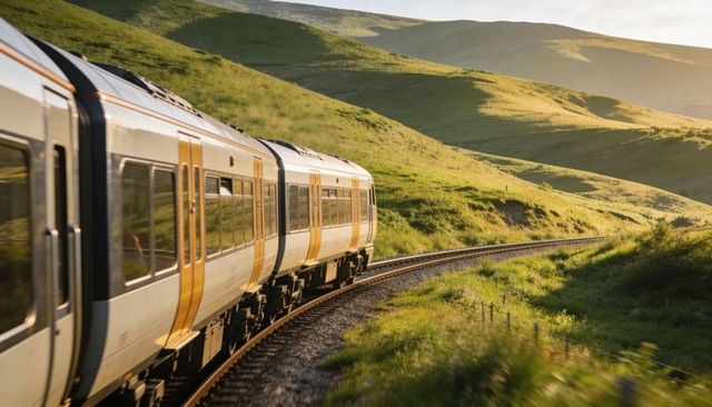 Passenger train traveling through sunlit green hills on curved railway at golden hour