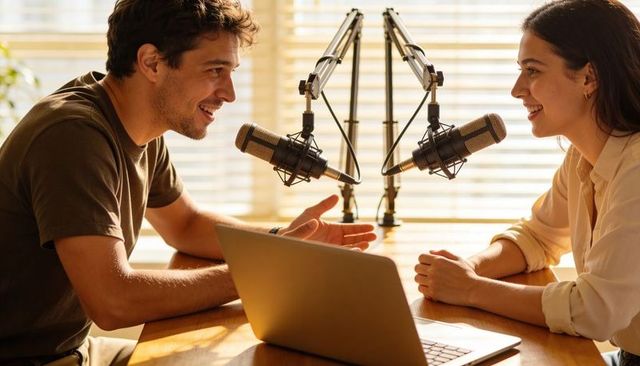 Two hosts recording conversational podcast at home studio with professional microphones