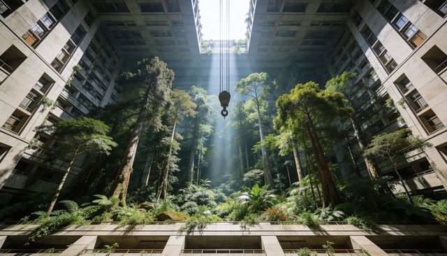 Vertical concrete atrium overgrown with forest, sunlight beams and hanging crane hook