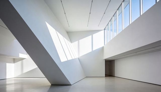 Minimalist gallery interior with dramatic diagonal beam and sunlit geometric shadows
