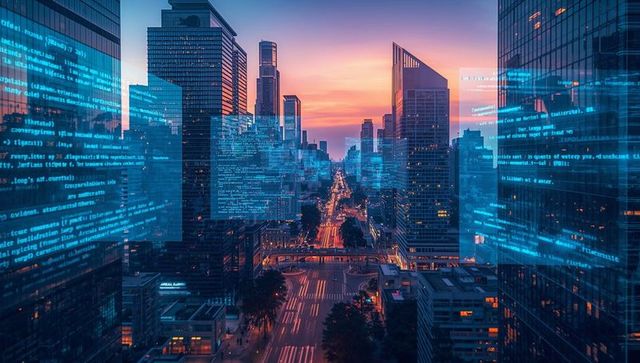 Cyberpunk cityscape with digital code overlays at dusk