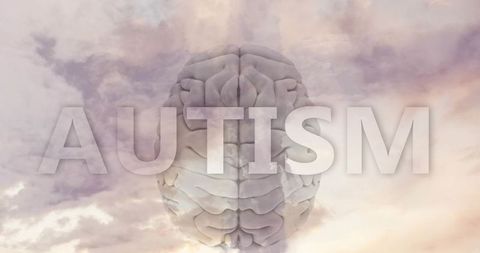 Floating brain with autism lettering over pastel clouds representing neurodiversity