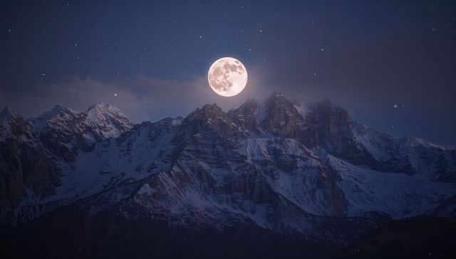 Full Moon Over Snowy Mountain Peaks Under Starry Sky