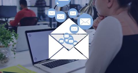 Businesswoman Using Laptop with Incoming Mail Background