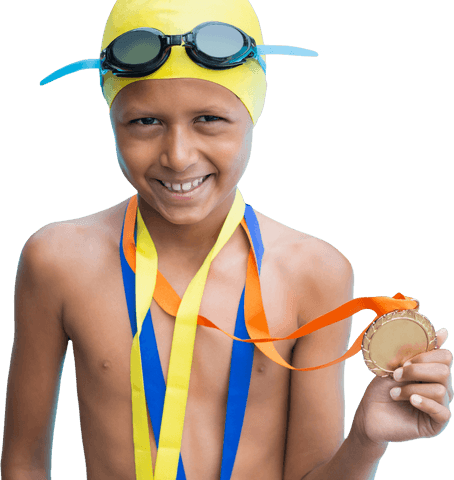 Proud young swimmer with gold medal on transparent background