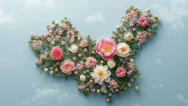 Floral butterfly design featuring peonies and dahlias in pastel sky