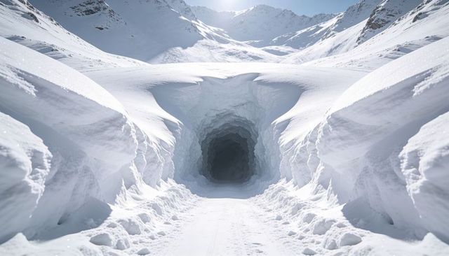Framing arched snow tunnel leading into shadow at alpine mountain pass, sunlit snowbanks
