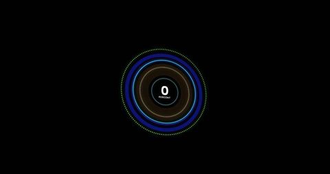 Neon radial progress rotating concentric rings showing 0 percent futuristic interface