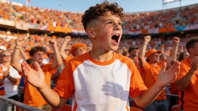 Teenage fan shouting and cheering in orange shirt at packed stadium, raising hands