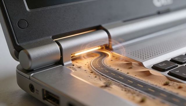 Miniature desert highway winding through laptop hinge surreal technology concept artwork