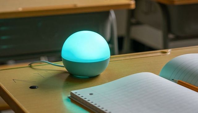 Turquoise glowing spherical usb lamp illuminating student notebook wooden classroom desk