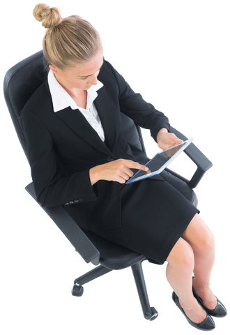 Transparent Blonde Businesswoman on Office Chair Using Tablet