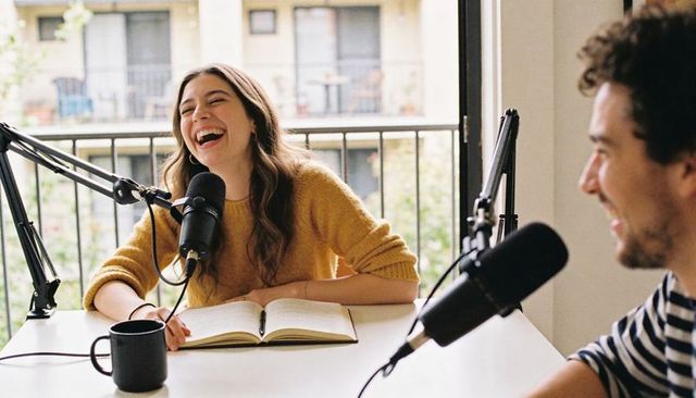 Laughing woman in mustard sweater podcasting with cohost at sunny home studio