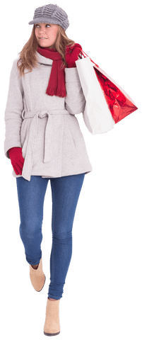 Woman Wearing Winter Clothes Holding Shopping Bags Transparent Background