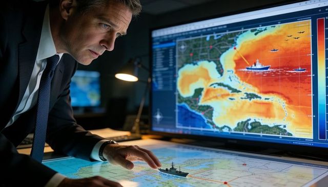 Naval analyst studying maritime heatmap and chart in command center with model ship
