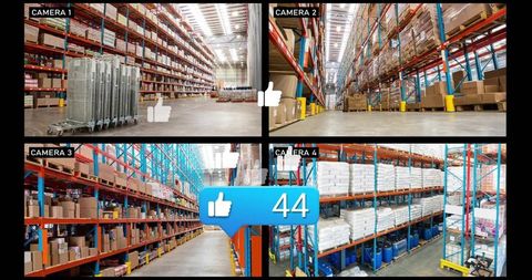 Four-panel warehouse camera feeds showing racking, pallets, boxes and social likes overlay