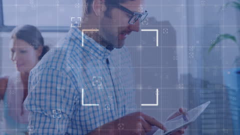 Businessman in Office with Data Processing Interface Overlay