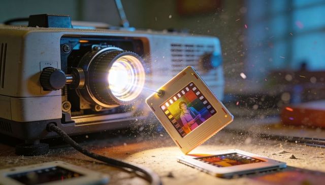 Vintage slide projector casting dramatic light on 35mm slide with colorful jacket portrait