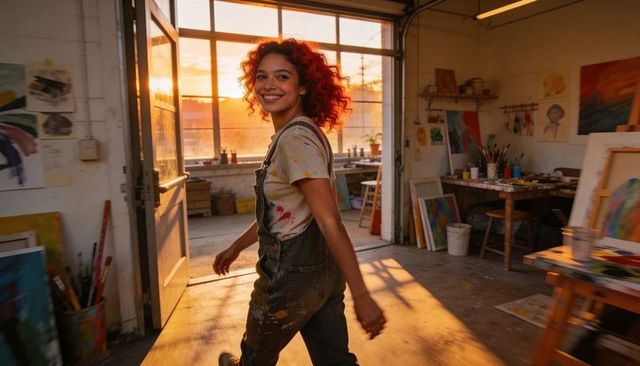 Artist walking through sunlit studio wearing paint-stained overalls and smiling at camera